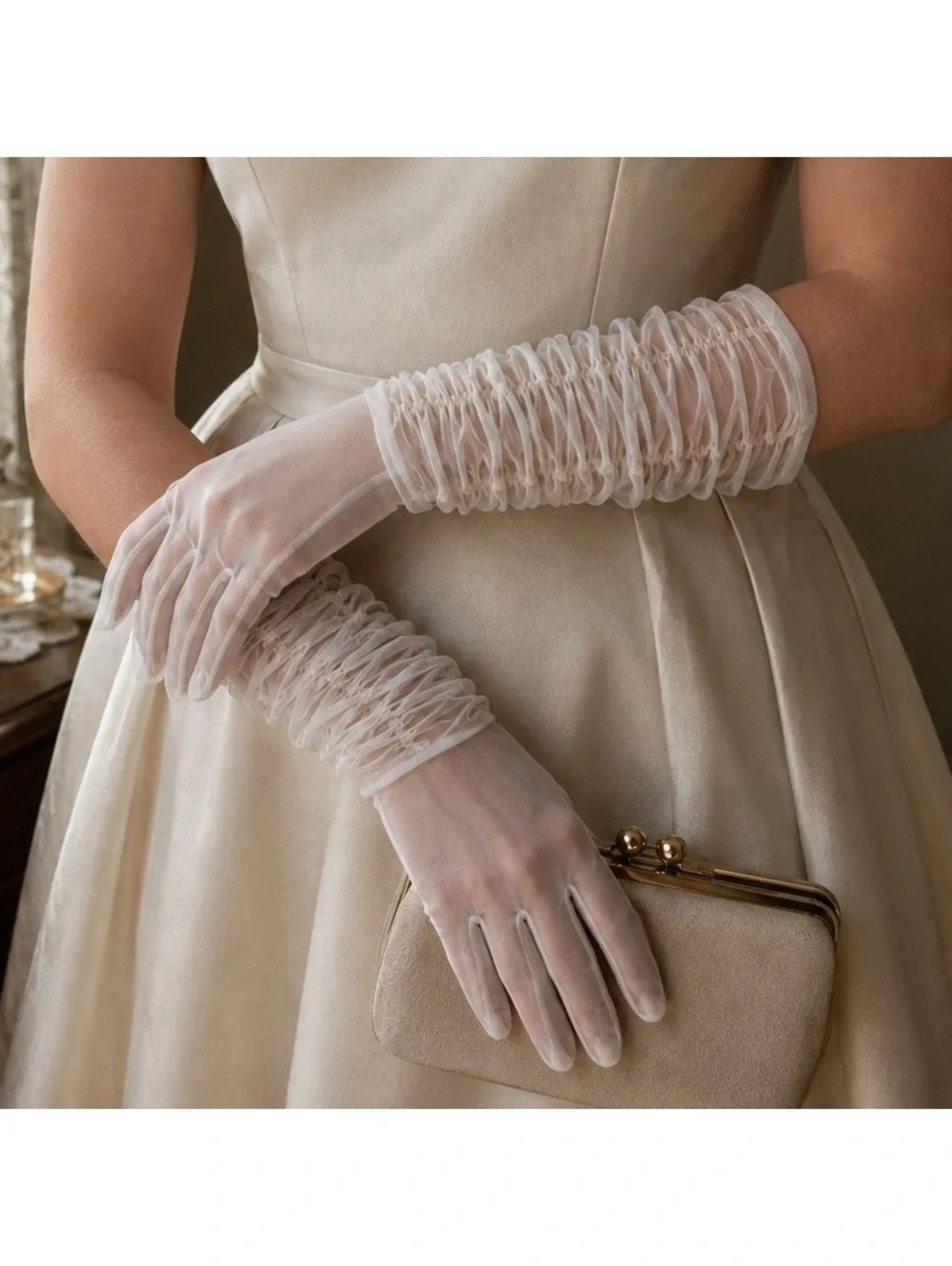 Vintage Sheer White Nylon Gloves – Ruched Ruffle Cuff – 11.5” Tea Party Church
